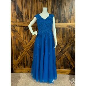 Womens Embroidered Royal Blue Formal Evening Dress Sz 8 corset back EUC